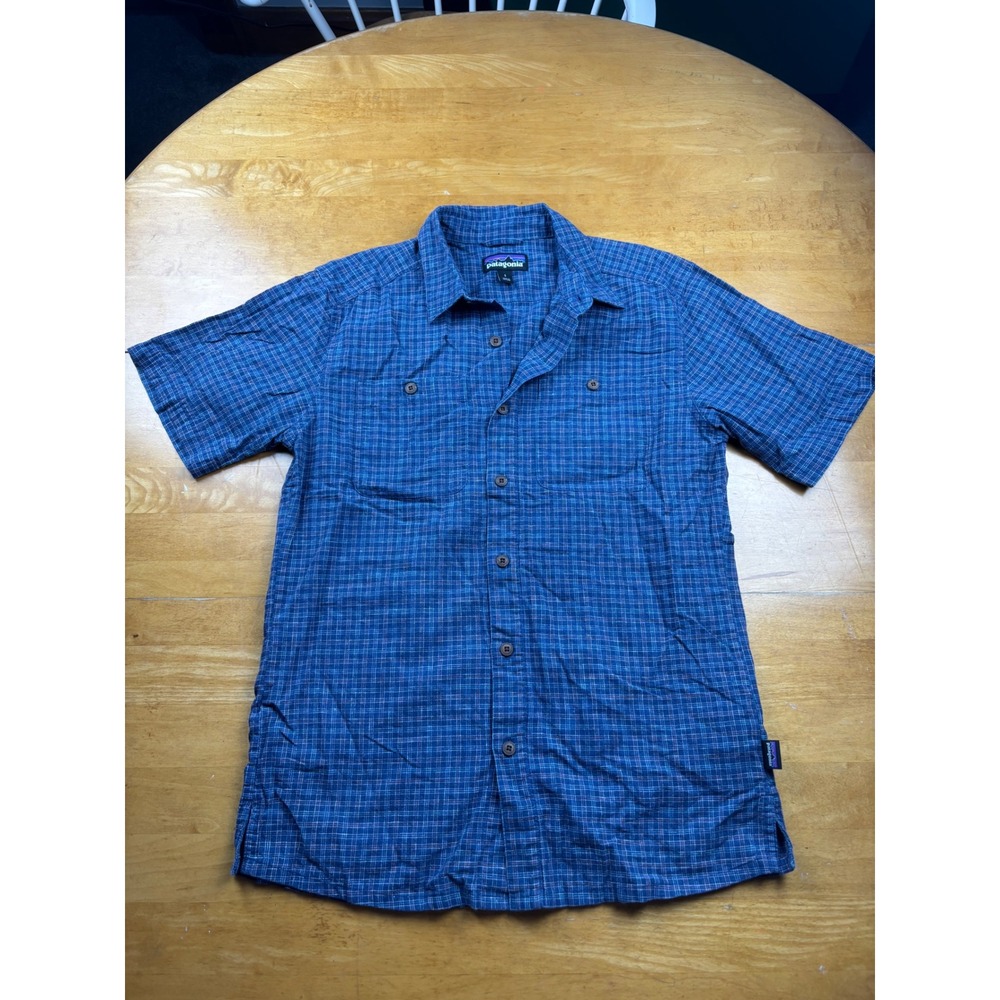 Patagonia Mens Blue Plaid Hemp Organic Cotton Short Sleeve Button Up Shirt Small